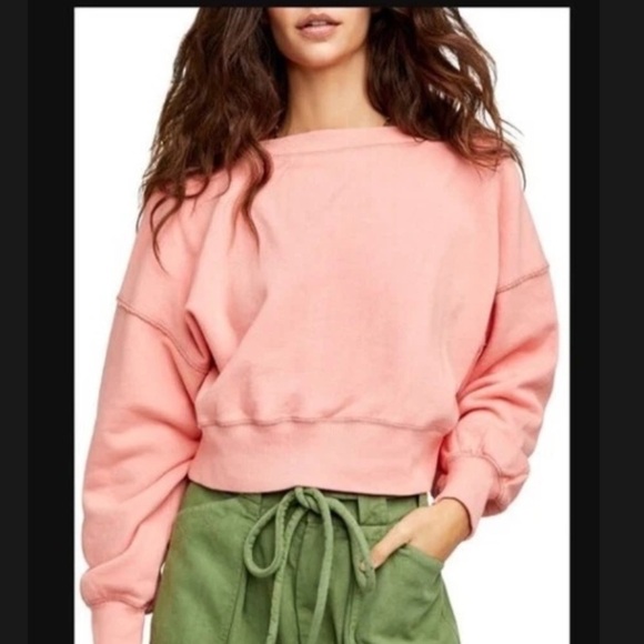 Free People Sweater XS Coral Take Me Back Cropped Open Back Oversized Boho Pink - Picture 6 of 7